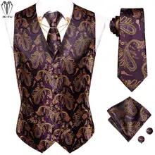 Hi Tie Silk Mens Vests Purple Paisley Jaquard Waistcoat Tie Hankerchief Cufflinks Gold Collar Pin Set for Men Dress Suit Wedding (1)