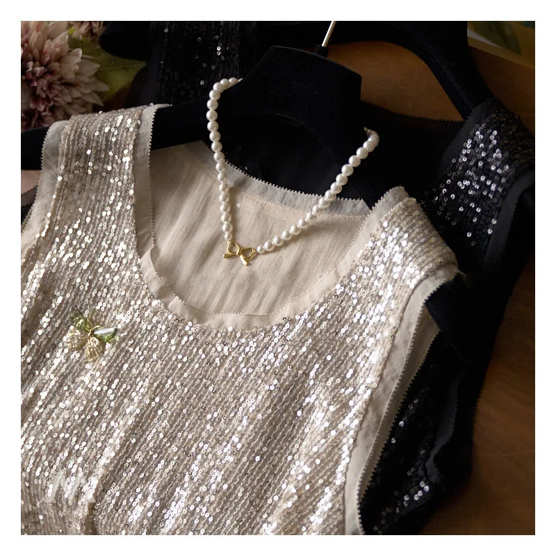 Женская Двухслойная футболка без рукавов с блестками