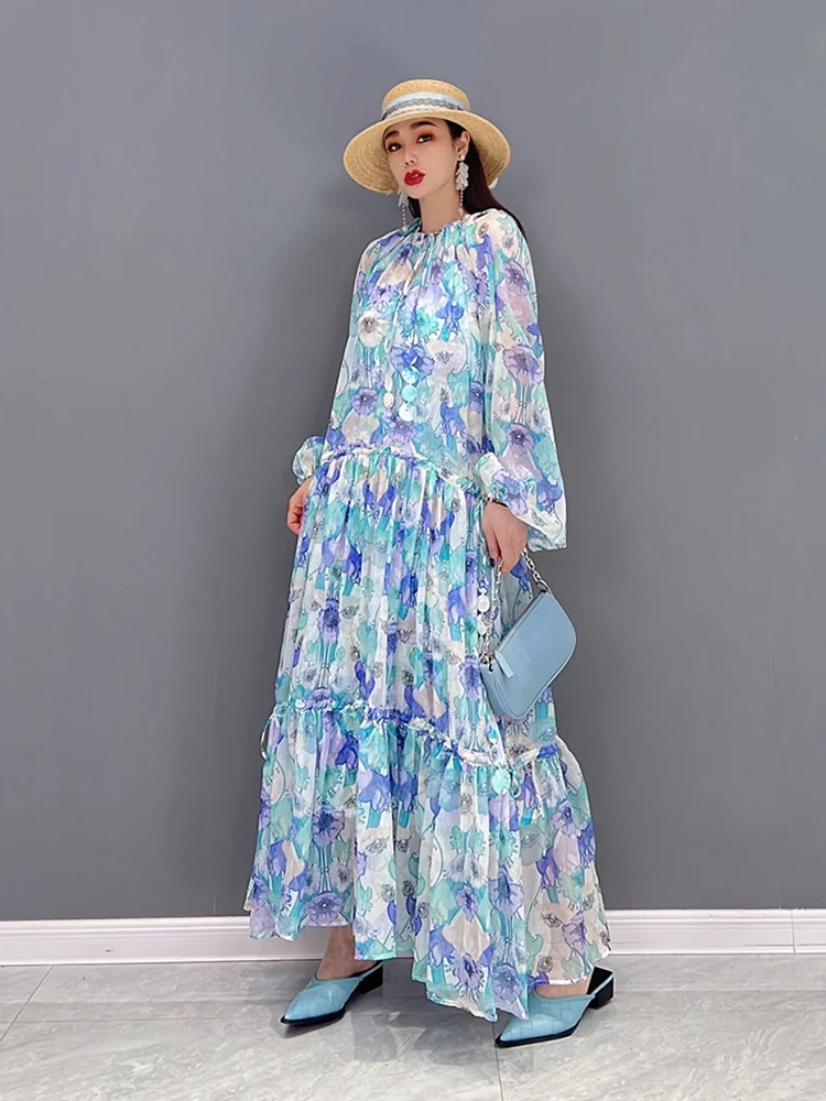 

Female Dress 2022 Spring New Fashion Tide Chiffon Print Pullover Lantern Sleeve Ankle-length Elegant Dresses