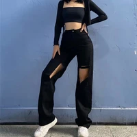 jeans female button fly empire sexy y2k streetwear hole cool harajuku students all match wide leg trousers woman vintage