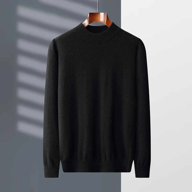 Autumn And Winter New 100% Cashmere Sweater Men's Semi-High Neck Pullover Long Sleeve Warm Business Bottoming Coat.