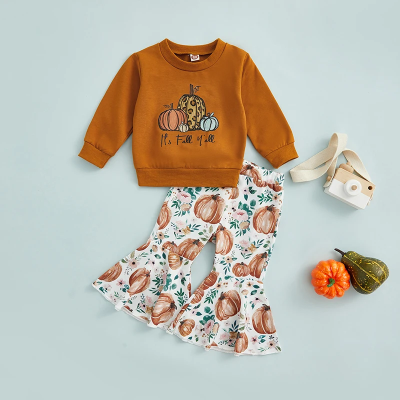 

0-4Y Baby Girl Halloween Clothes Set Long Sleeve Letter Tops Pumpkin Bell-Bottoms Pants with Headband 3Pcs Fall Outfits