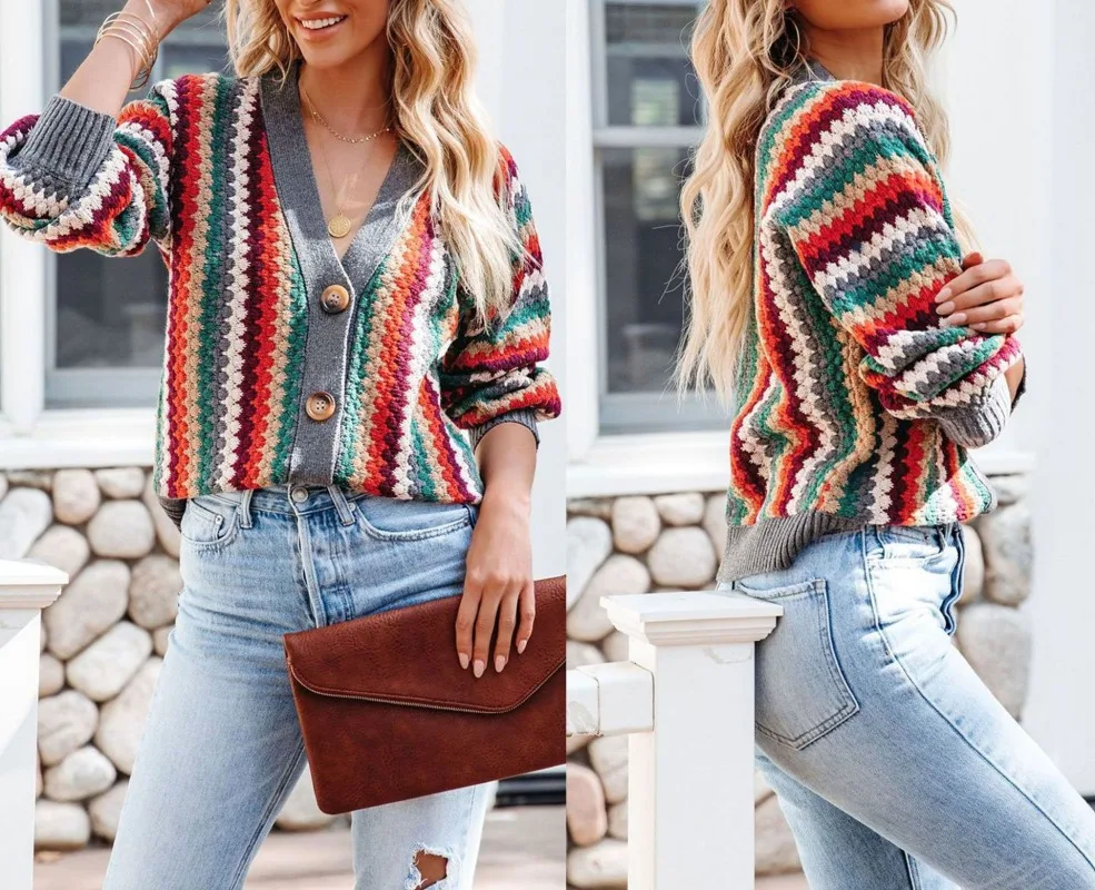 

Autumn and Winter Striped New Loose Fitting Women's Sweater Single Breasted Button Long Sleeved V-neck Cardigan Knit Shirt