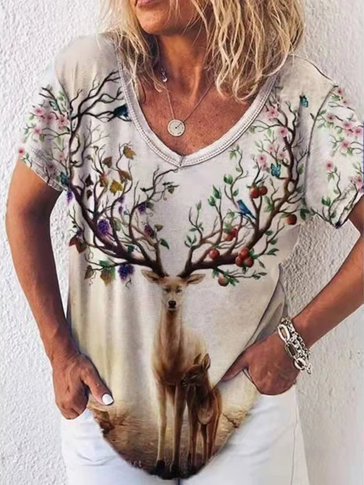 

2022 Summer Loose V-Neck Short Sleeve Tee Women Clothing Fashion Casual Retro Pattern Printed T Shirt Harajuku Pullover T-Shirts