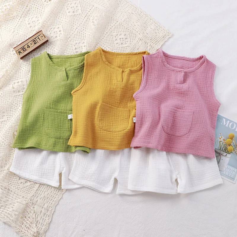 

Children's Suit Summer 2023 New Middle And Small Children's Two-Piece Set Cotton Solid Color Double-Layer Yarn Vest Short