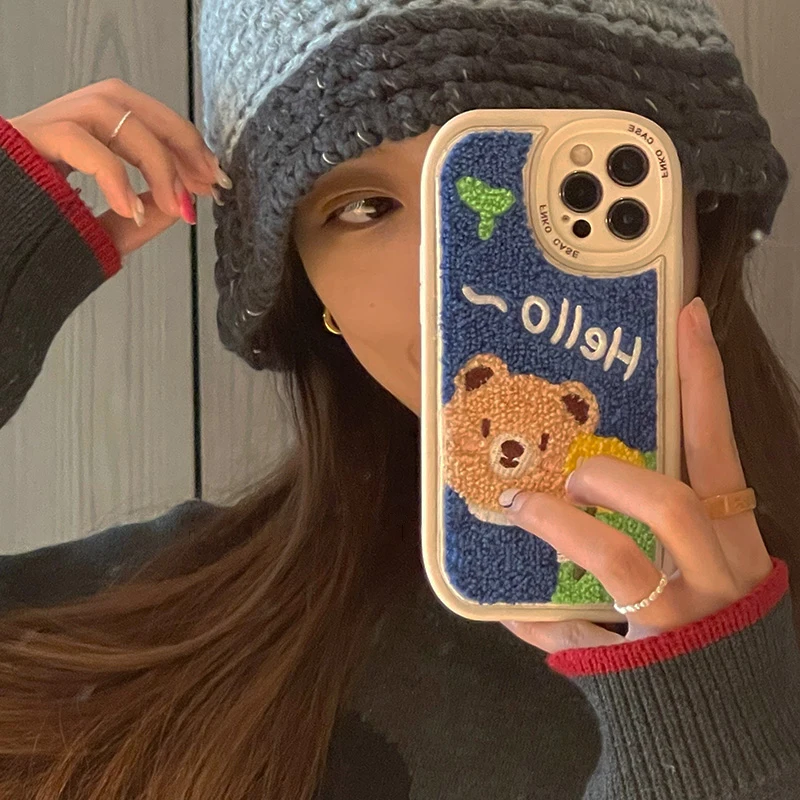 

Korean Embroidered Towel Plush Flowe Bear Soft Case For IPhone 7 8 PLUS X XR XS 11 12 13 Pro Max Lovely Protection Back Cover