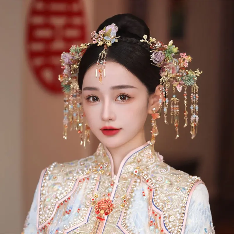 

Simple Chinese Bride Tiara Set Gold Flower Split Glass Tassel Hairpin Elegant Wedding Hair Accessories