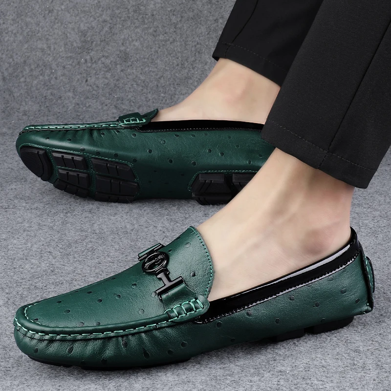 

Luxury Brand Shoes Ostrich Pattern Green Loafers Men's Slip-on High-quality Genuine Leather Business Shoes Designer Men's Shoes