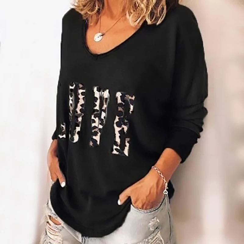 

Женская футболка с леопардовым принтом, круглым вырезом и длинным рукавом