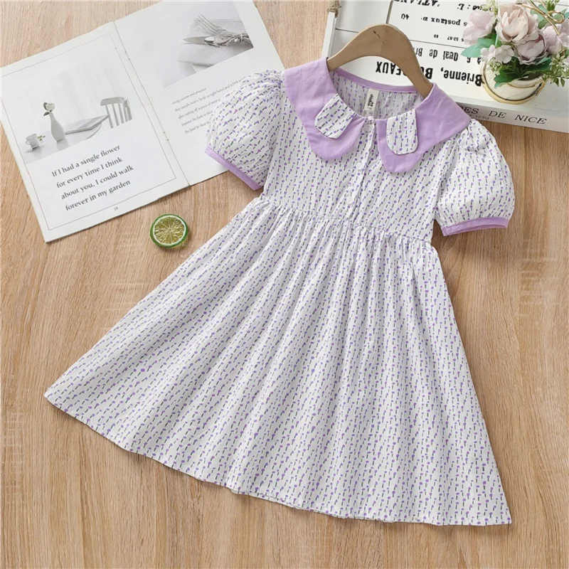 

Summer 2022 New Arrivals Girls Short Puff Sleeve O Neck Floral Purple Dress Infantil Menina Cute Party Dress Custume 18M-7T