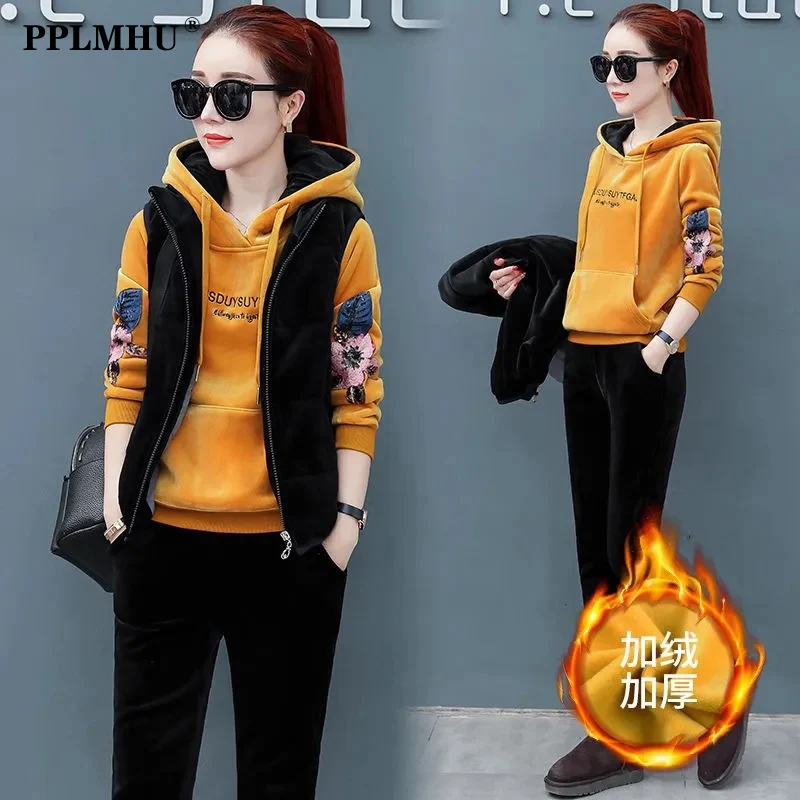 

Winter Thick Embroidery Velour Hooded Sweatshirt + Vest Jacket + Pant Suit Women Casual Velvet Tracksuit 3 Piece Set Loungewear