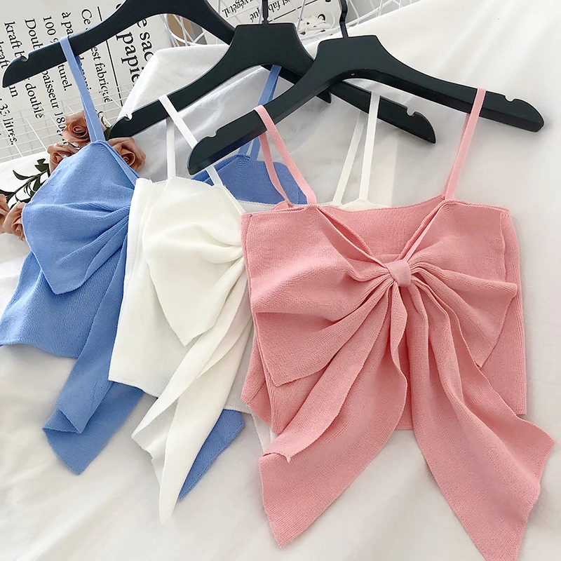 

Knitted Bow Crop Tops 2022 Summer New Sexy Spaghetti Strap Tanke Top Off Shoulder Sleeveless Camis for Women Ins
