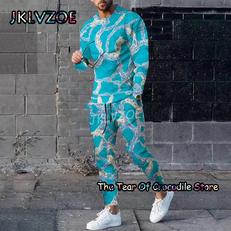 Multicolour Print Men Tracksuit Summer 2 Piece Set Long Sleeved T-Shirt Trousers Jogging Suit Male Color Sportswear Clothing