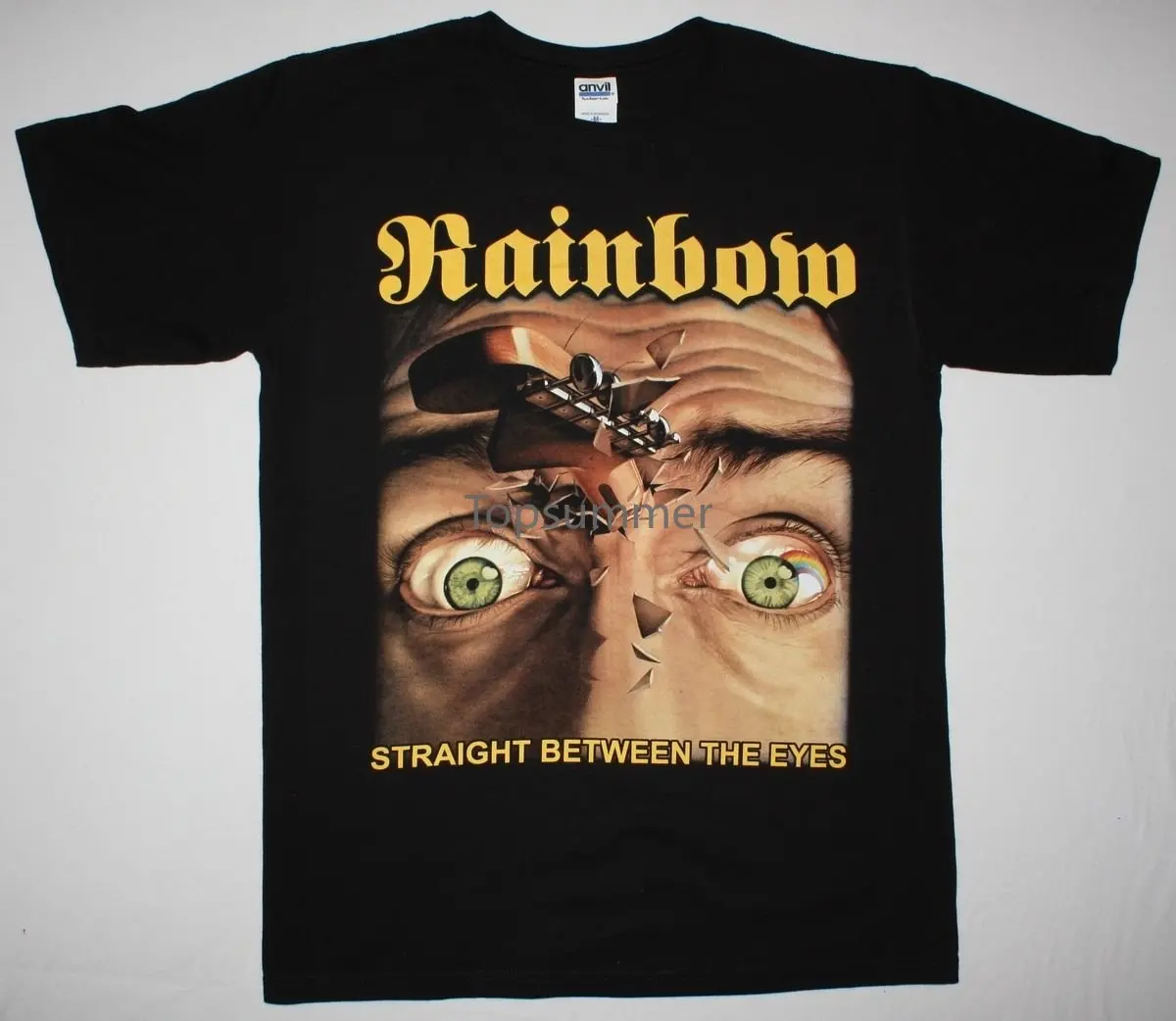 

Rainbow Straight Between The Eyes Black T Shirt Hard Rock Blackmore Deep Purple Short Sleeve T-Shirt Top Tee