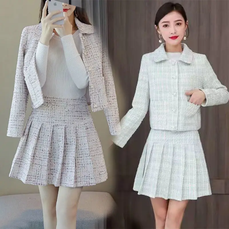 

Женский твидовый костюм из двух предметов, элегантный облегающий пиджак и мини-юбка, комплект из двух предметов на осень и зиму, J194