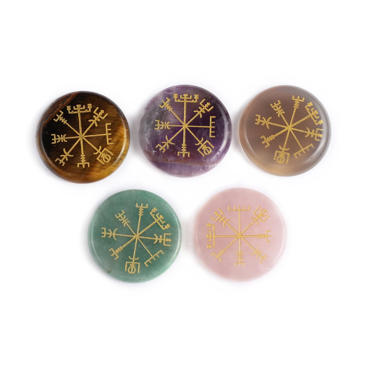 

Natural Stone Engraved Symbols Beads Round 7 Chakras Energy Divination Rose Quartz Bead for Yoga Meditation Jewelry Gifts