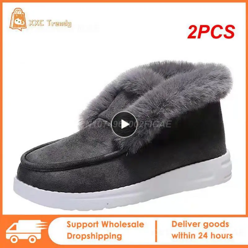 

2PCS Ladies Ankle Boots Women Winter Warm Plush Fur Snow Boots Suede Leather Shoes Ladies Slip on Comfortable Female Footwear