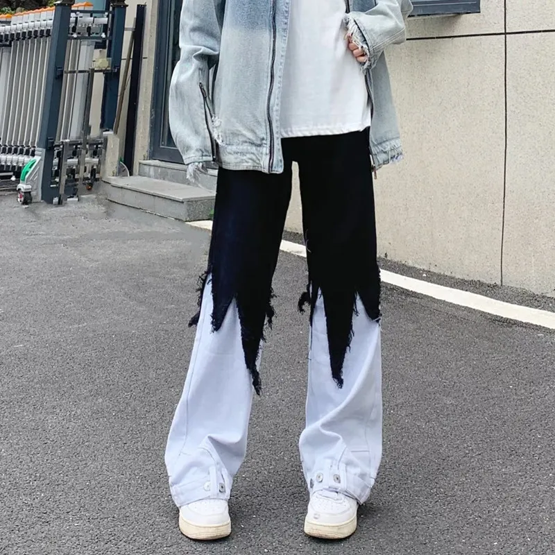 Модные черные и белые мешковатые расклешенные джинсы Y2K с соединением одежда для