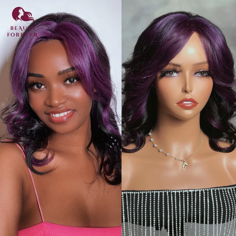 

Beauty Forever Purple Glueless Human Hair Wig 14inch Money Piece Purple Loose Wave Brazilian Full Machine Made Human Hair Wig