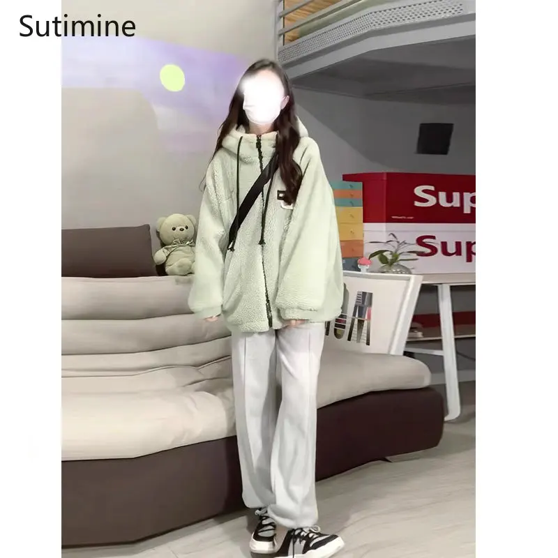 Winter Coat Women Office Lady Hooded Thickened Plush Coat Women's Korean Loose Cotton Padded Jacket Spliced Pockets Winter Coat