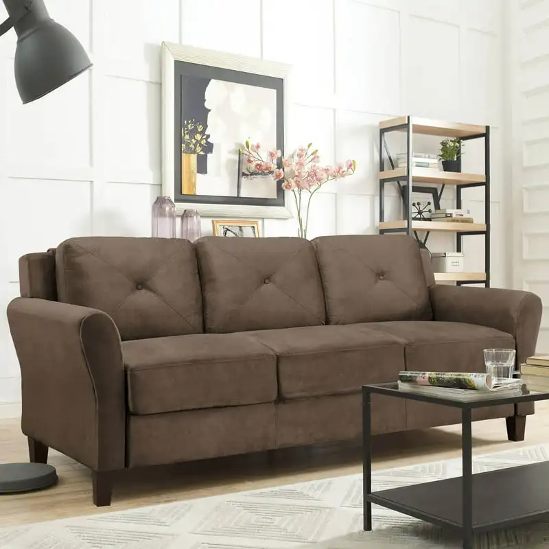 

Sofa with Rolled Arms, Brown Fabric