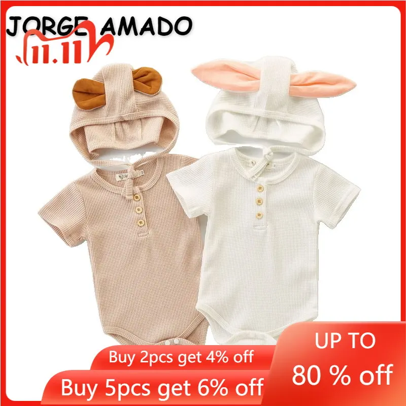 

2022 New Summer Baby Girl Bodysuit Round Collar Short Sleeves White Coffee Waffle Basic Simplicity Jumpsuit Child Clothes E2202