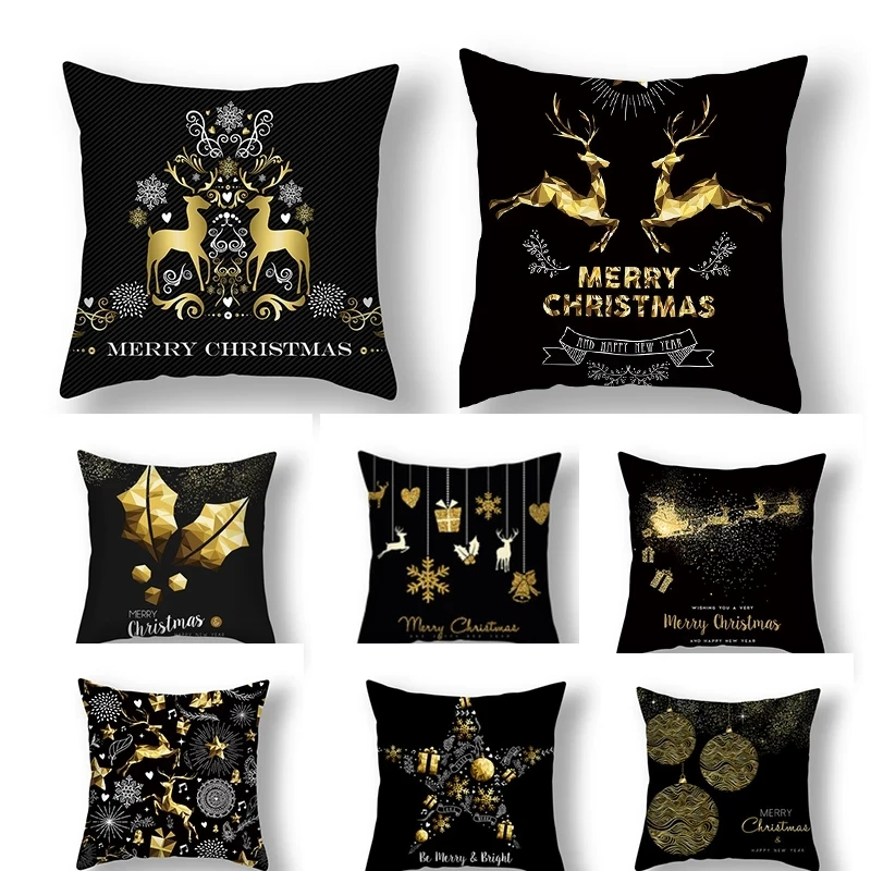 

Home Decor Black Gold Christmas Cushion Cover Christmas Polyester Square Pillowcase Cushion Cover 45x45cm funda de almohada