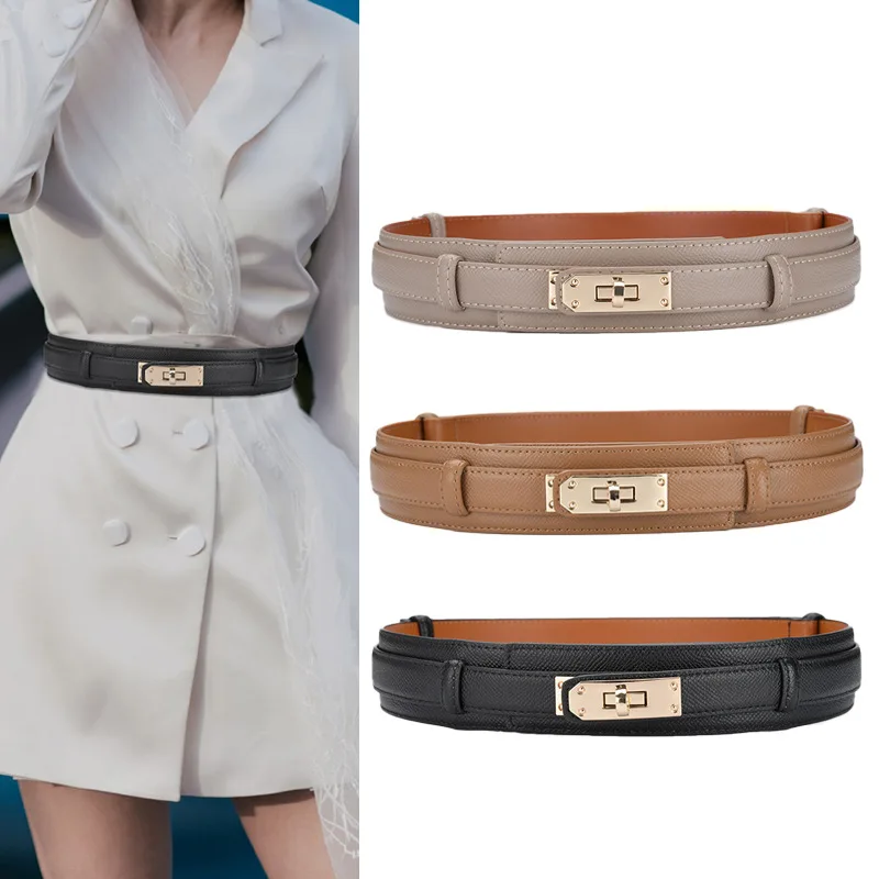 Genuine Leather Women's Belt Golden Lock Buckle Luxury Fashion Style Dress Suit Decorative Cowhide Belt Designer Wide Waist Belt