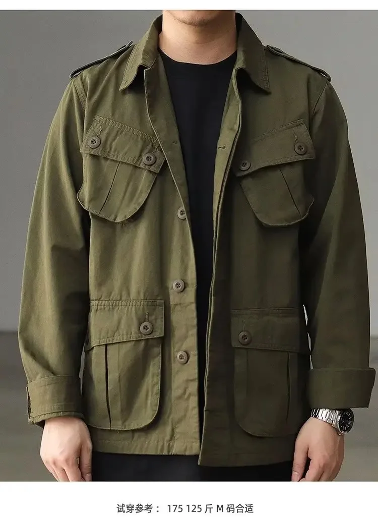 

Multi-Pocket Cargo Men Tactics Solid Color Safari Style Loose Lapel Casual Retro Outerwear New Jackets