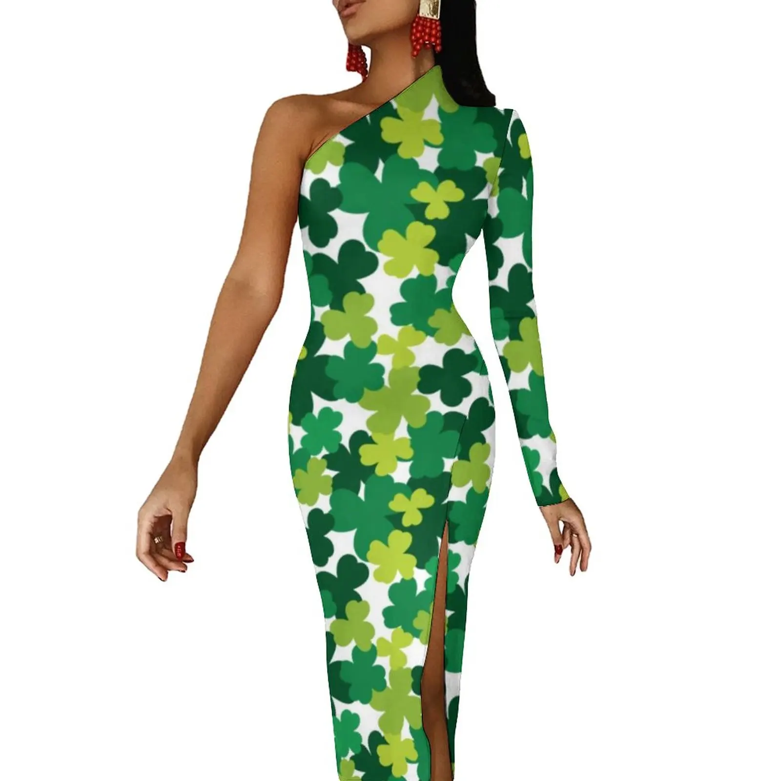 

Shamrock Pattern Long Dress Woman St Party Maxi Dress Autumn Long Sleeve Sexy Bodycon Dresses Side Split Trendy Vestidos