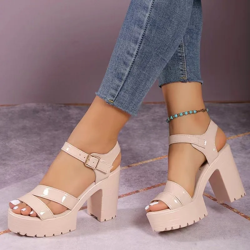 NewLadies Shoes 2023 High Quality Ankle Strap Women's Sandals Summer Open Toe Buckle Solid High Heels Shoes Female Chunky Heels