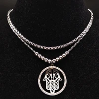 fashion islam hamsa hand crystal pendant necklaces stainless steel women silver color layered necklace jewelry joyeria n63s07