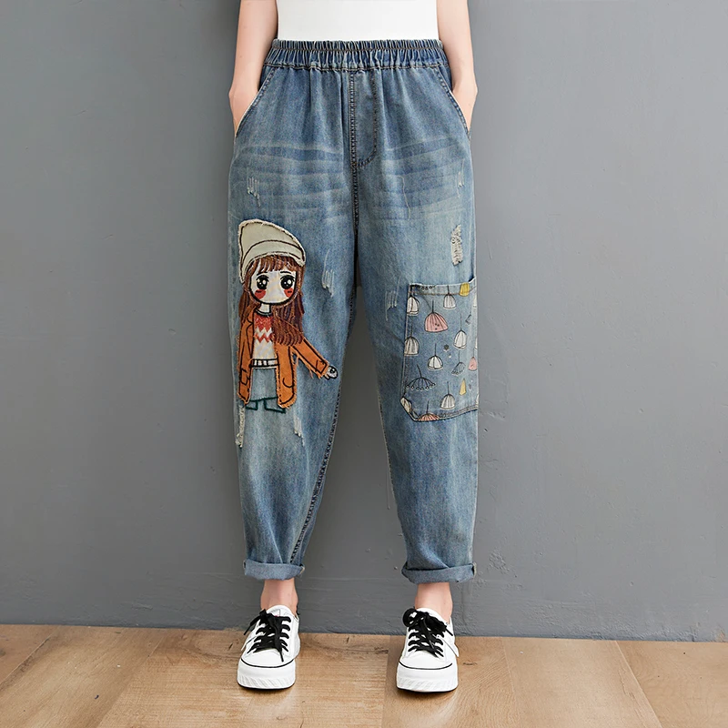 

6537 Cartoon Litter Girl Embroidery Denim Pants For Women Trendy Hole Casual High Waist Breeches Pockets Mom Harem Blue Jeans