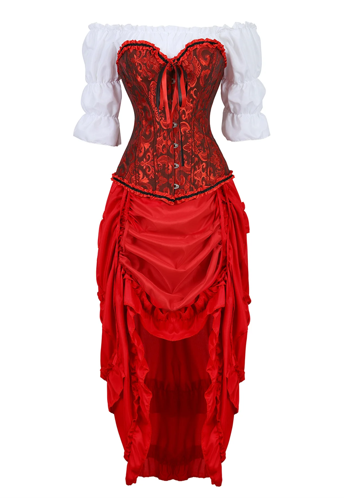 

Corset Top Dress Skirt Set 3 Piece Sexy Women Plus Size Front High Low Irregular Dress Costume Satin Corset Skirt Red Blue Brown