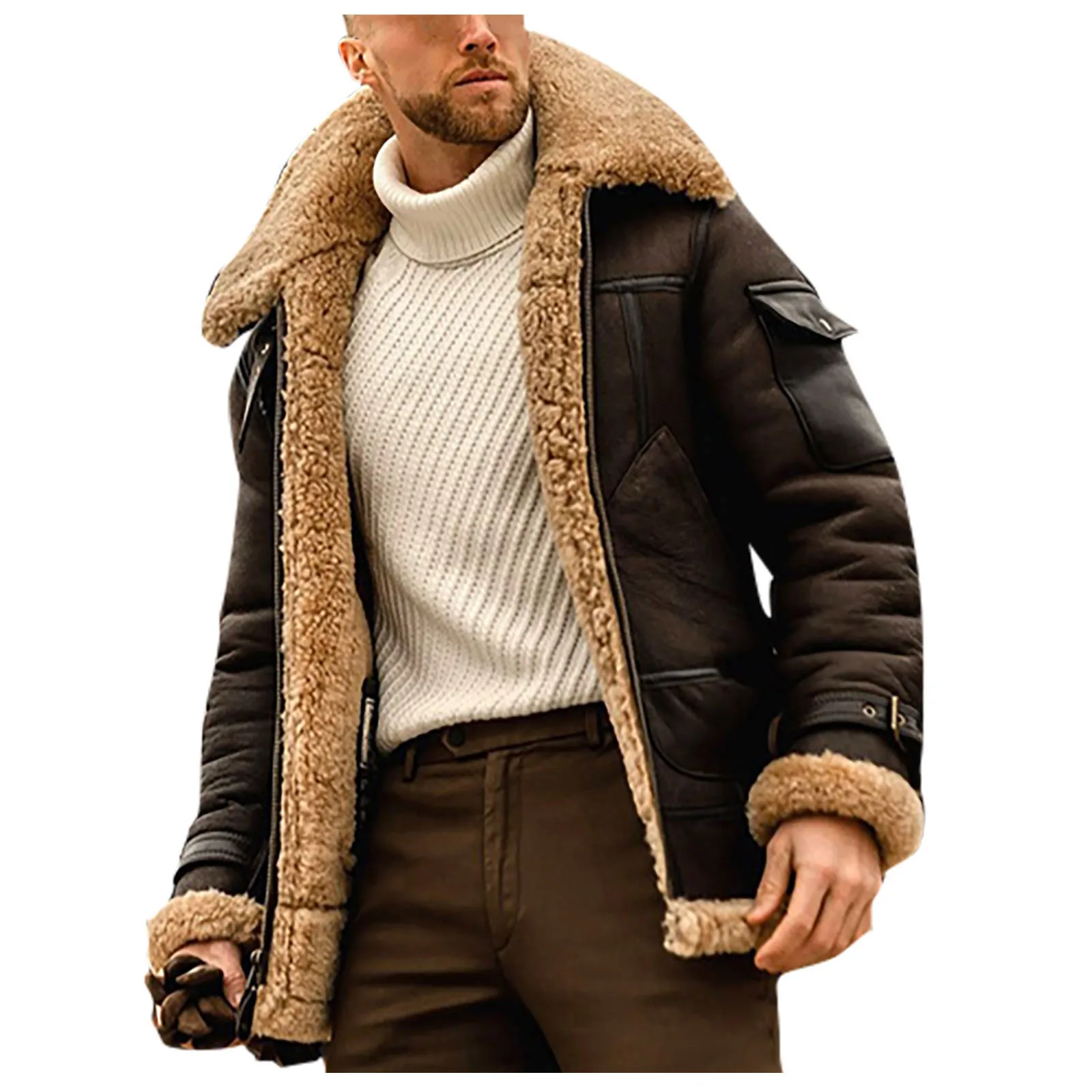 

Fashion Warm Thick Coat Men Casual Birtish Style Faux Fur Lapel Long Puffy Jacket Male Plus Size Thicken Parka Mens Jackets
