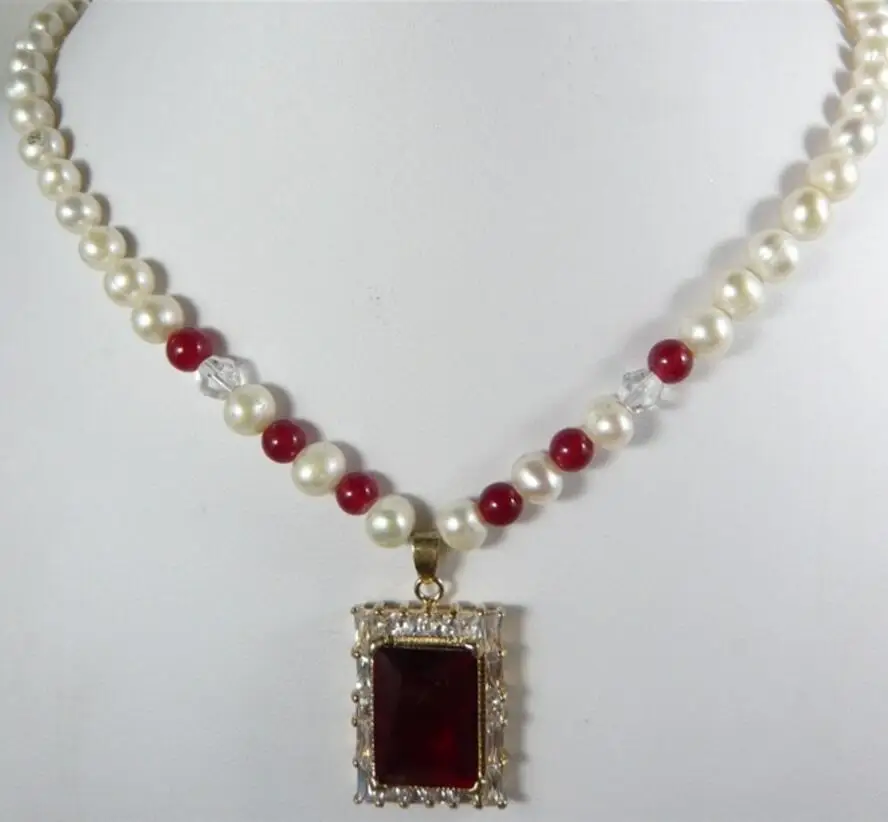

Natural Genuine 7-8MM Freshwater Pearl red jades bead Necklace+crystal Pendant