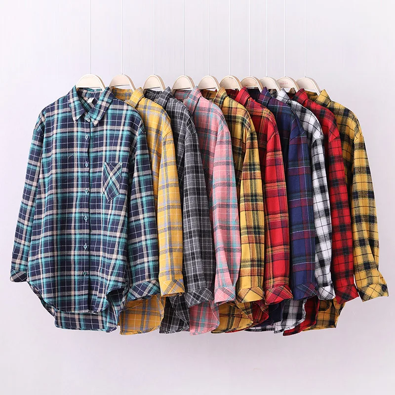 New Autumn Winter Plaid Shirts Women Cotton Ladies Casual One Pocket Top Loose Plus Size Blouse Female Long Sleeve Blouses