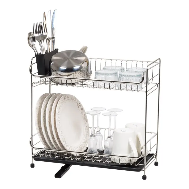 

, 2-Tier Stainless Steel Slim-Sized Dish Rack with Drain Spout, Black