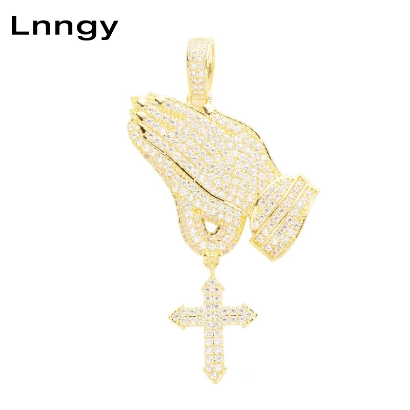 

Lnngy молитвенная рука со встроенными элементами для мужчин и женщин 10K ТВЕРДОЕ желтое золото хип-хоп CZ религиозные украшения в подарок