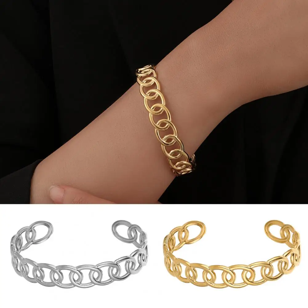 

Stainless Steel Trendy French Style Openwork Bangle Temperament Cuban Bracelet C Shape for Party