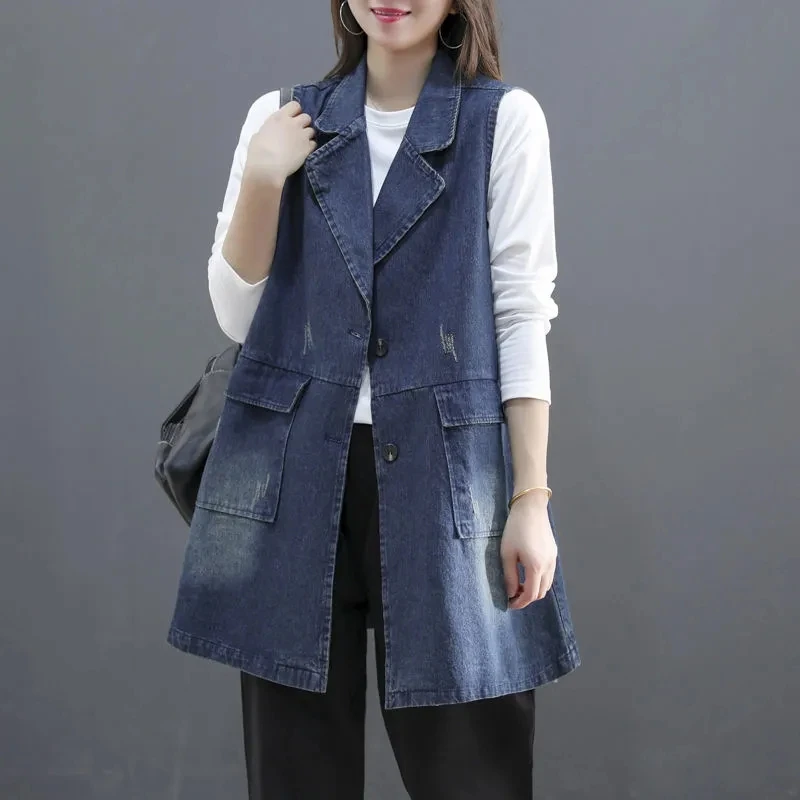 

2023New Denim Vest Women Spring Autumn Sleeveles Mid Long Jean Vests Coat Female Jean Waistcoat Casual Outerwear Vest Lady Tops