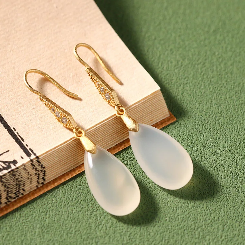 

Gold Earrings for Women Wind Classical Water Drop Chalcedony Agate New Style Earrings 925 Silver Needles