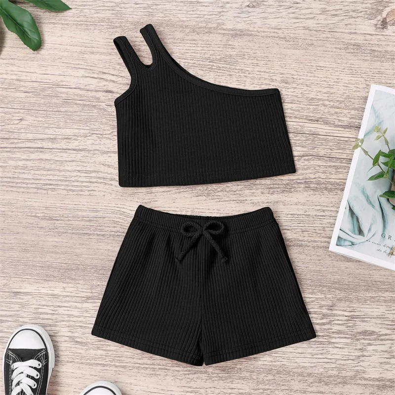 

Children's summer casual solid color round neck girls suspenders one-shoulder shorts suit fan summer