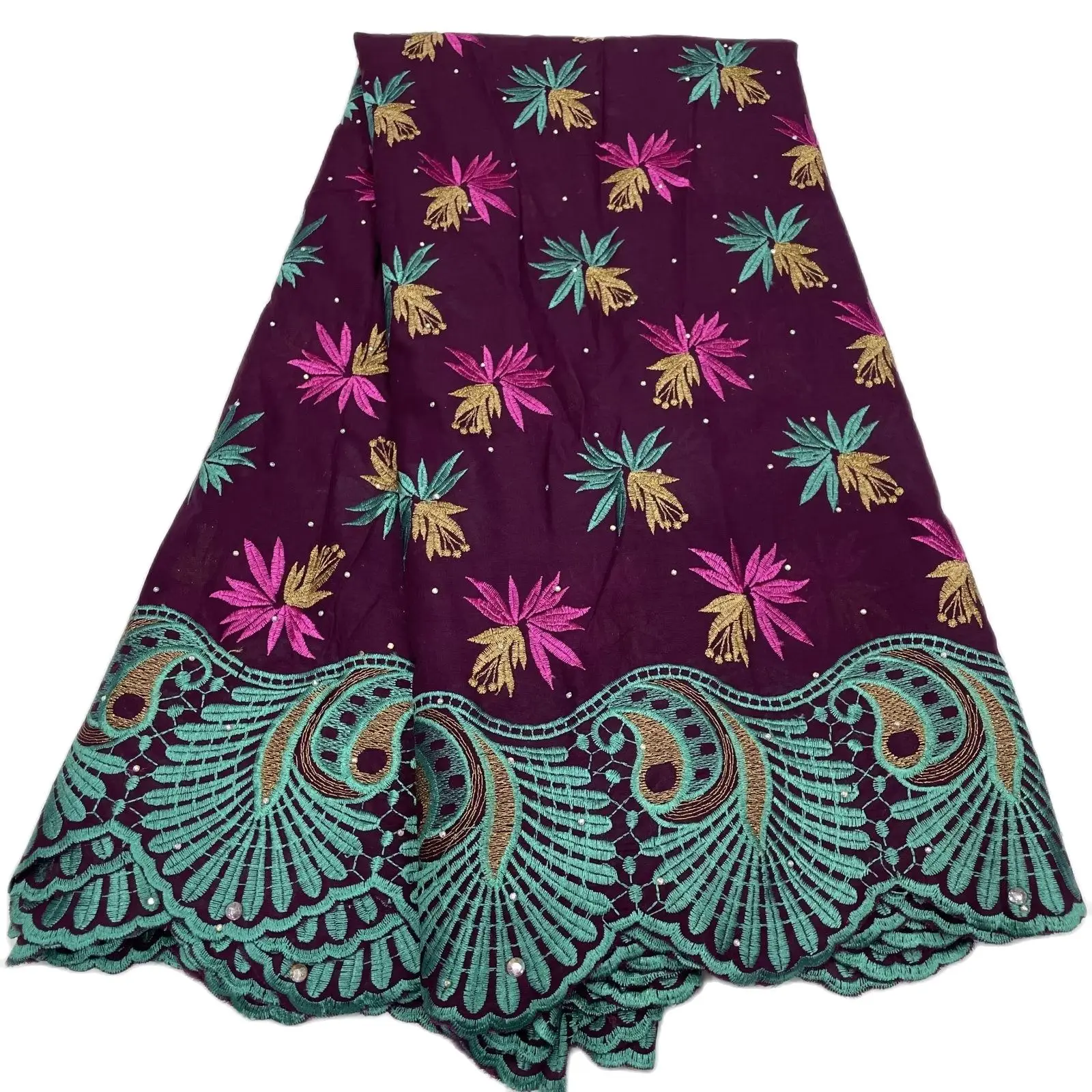 

Latest African Lace Cotton Swiss Voile Lace Fabrics Embroidered Lace With Stones 5 Yards