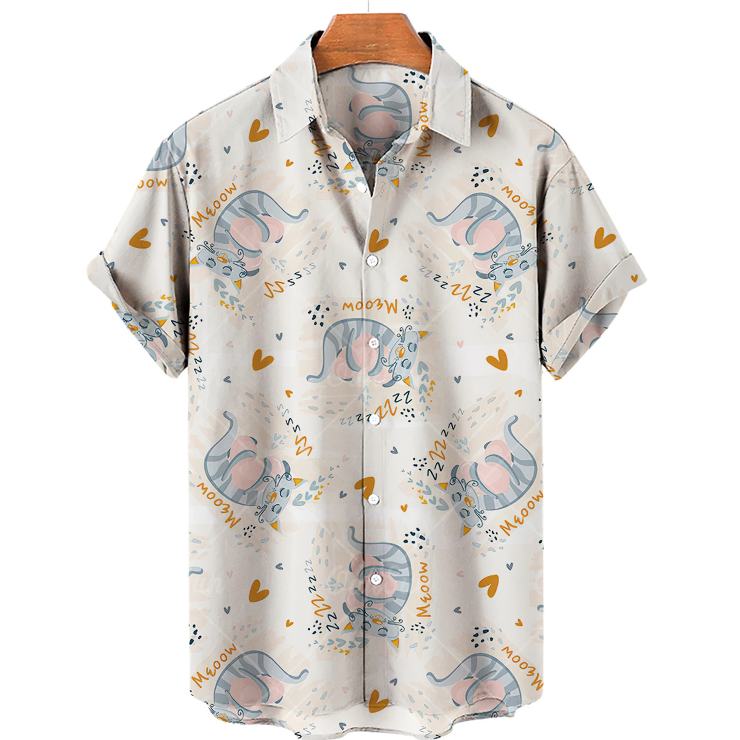 

New Cute Cat Print Shirt Men Hawaiian Shirt Summer Casual Top Large Size Loose Simple Shirt Women Single Breasted Button Top 5xl