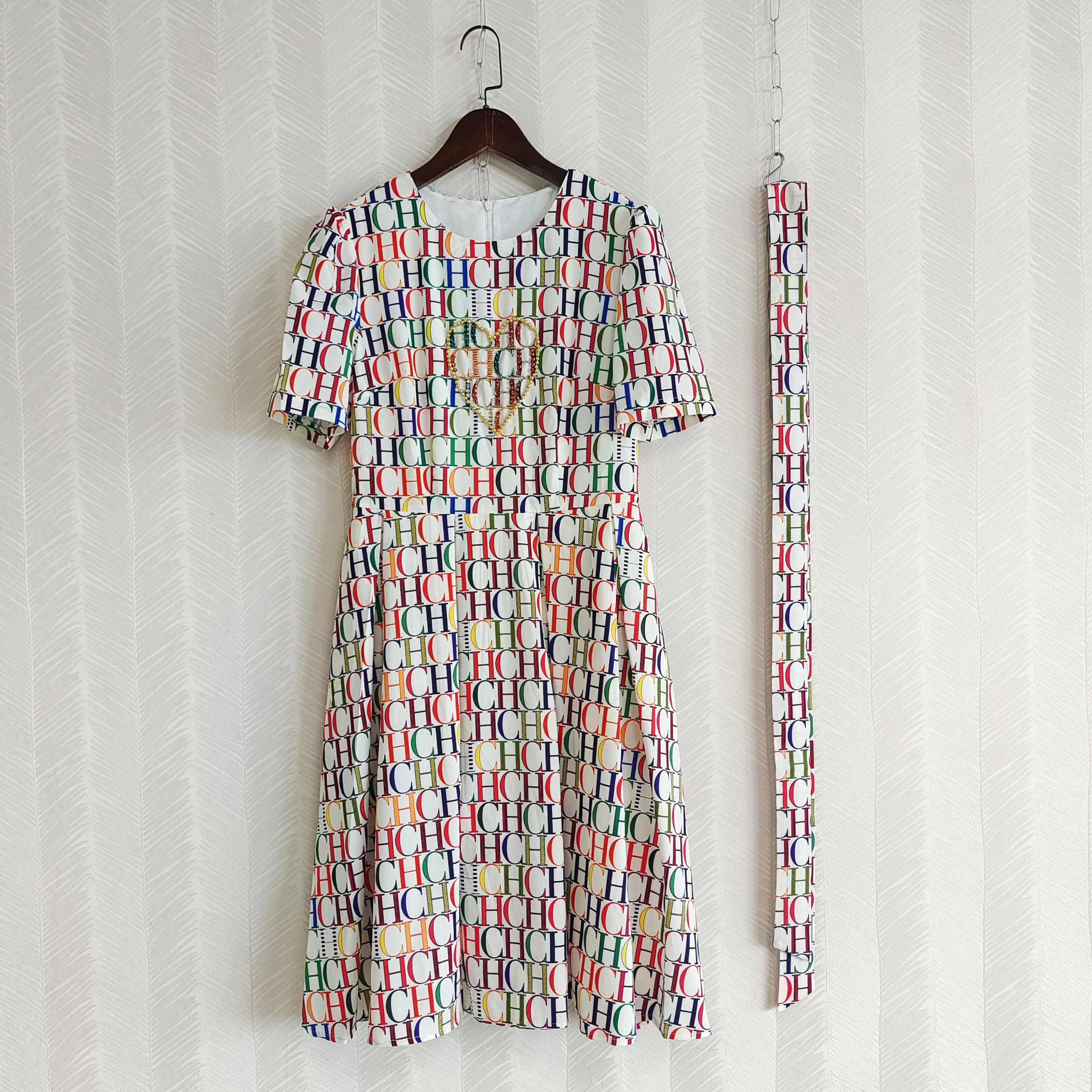 

Luxury Short Sleeve Crewneck Monogram Print Summer 2023 Women's Beaded Tie-up Dress