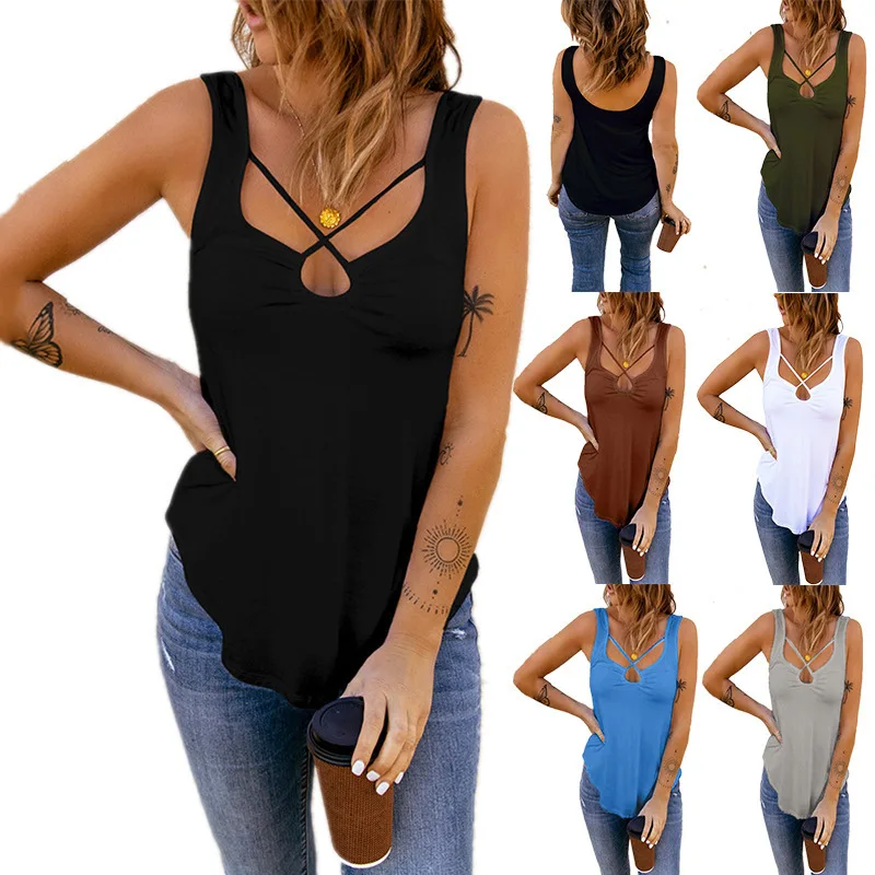 

2022 Spring And Summer New European And American Women'S Clothing Cross Solid Color Sexy Camisole Top Women'S Clothing