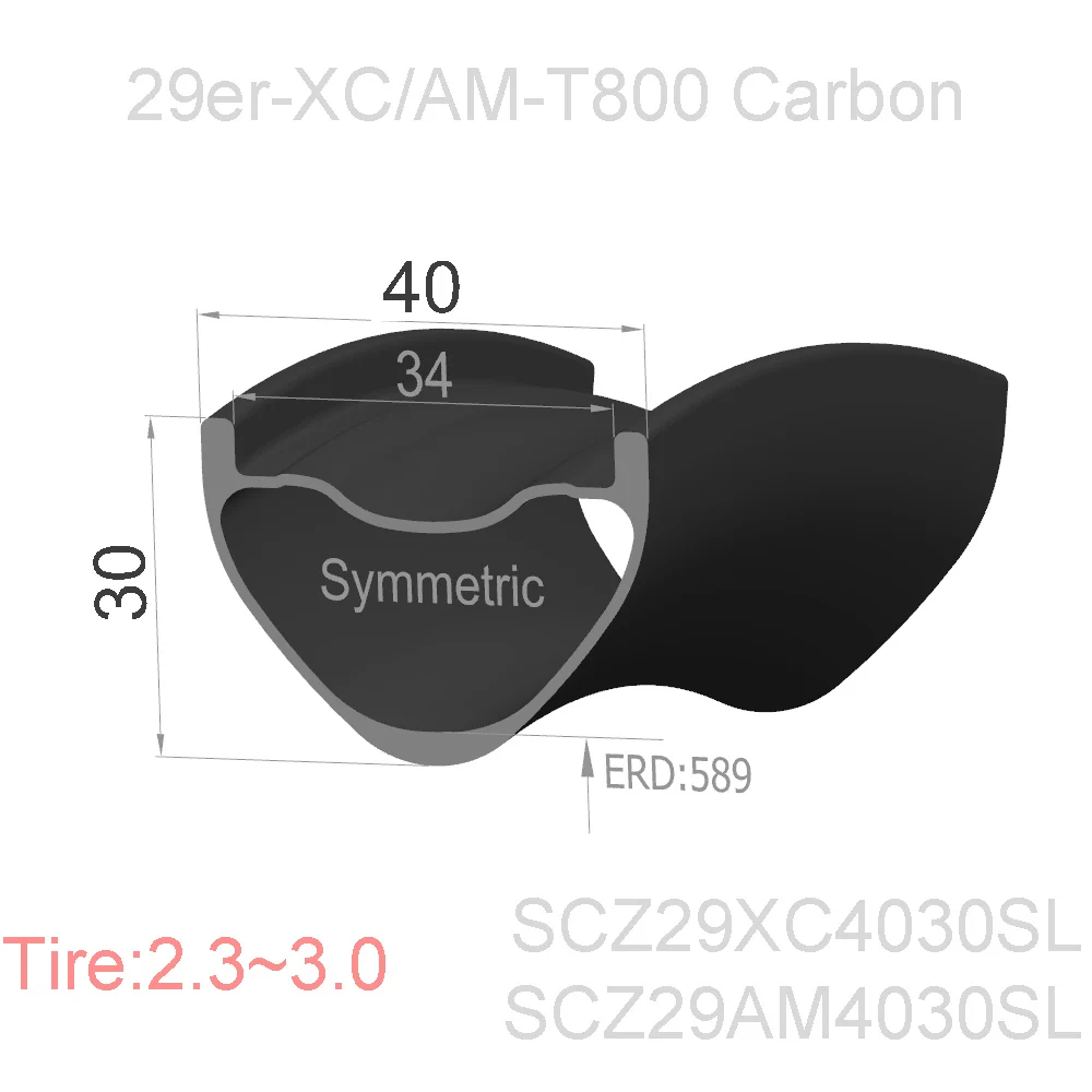 

T800 Carbon 410g 40mm Width 34mm depth Internal 30mm 29er Carbon rim mtb bike wheel Hookless Tubeless XC 29er carbon mtb rims