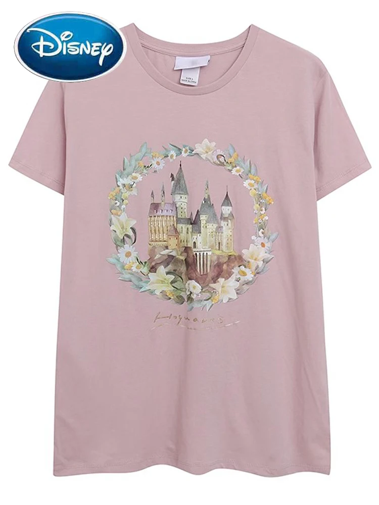 

Дисней Мода Диснейленд цветы мультфильм печать футболка сладкий женский пуловер с О-образным вырезом короткий рукав розовая футболка топы летние женские