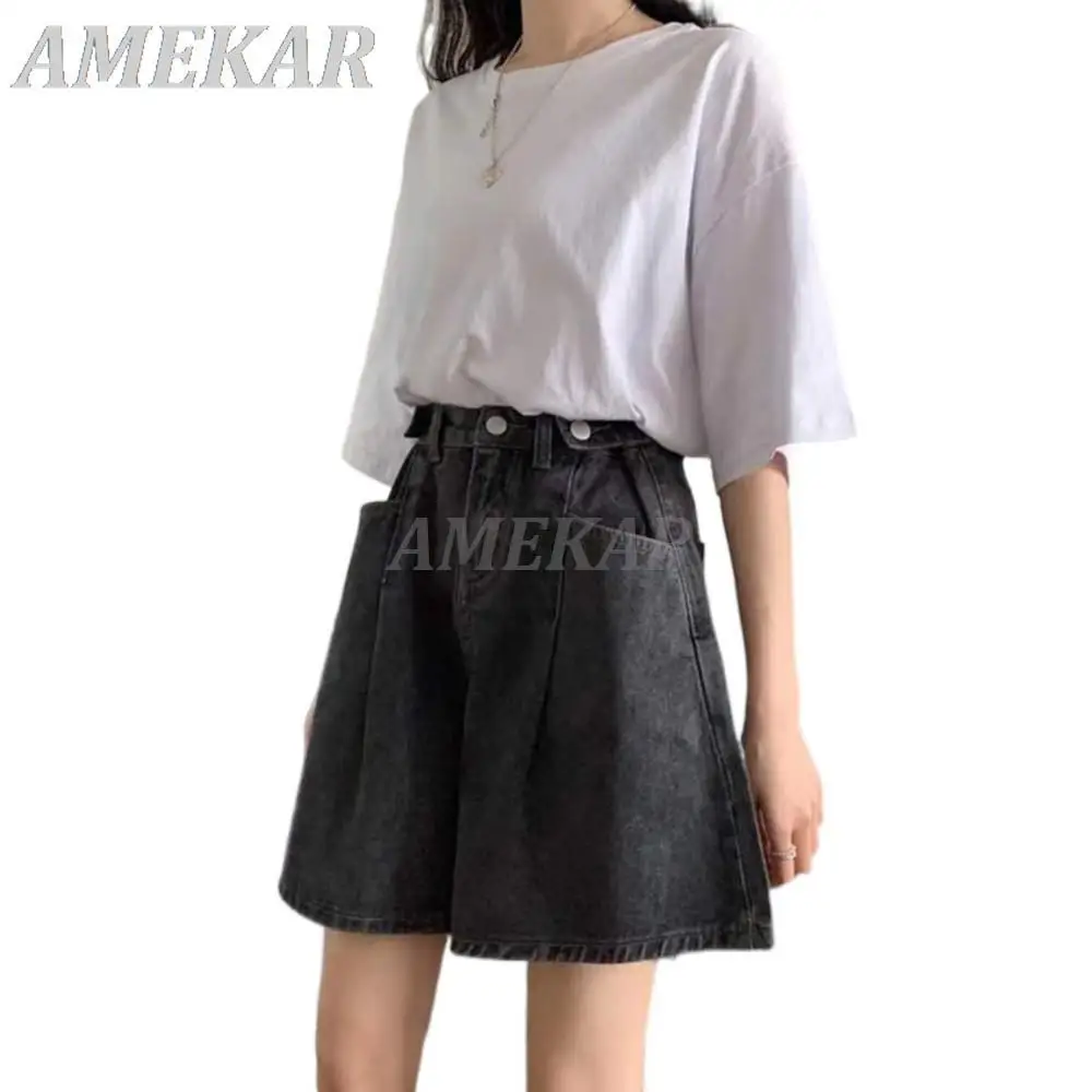 Women Casual Simple Thin High Waist Denim Shorts All-match Straight Wide-leg Hot Pants Lady 2023 Summer New Fashion Short Jeans